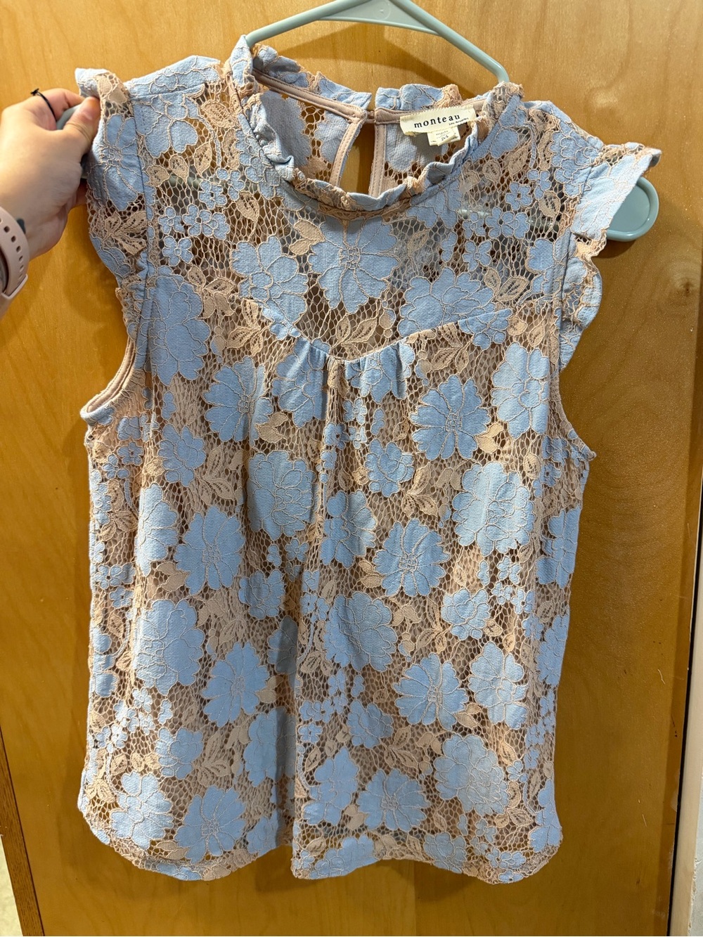 Monteau Light Blue Floral Lace Shell with Tan Underlay